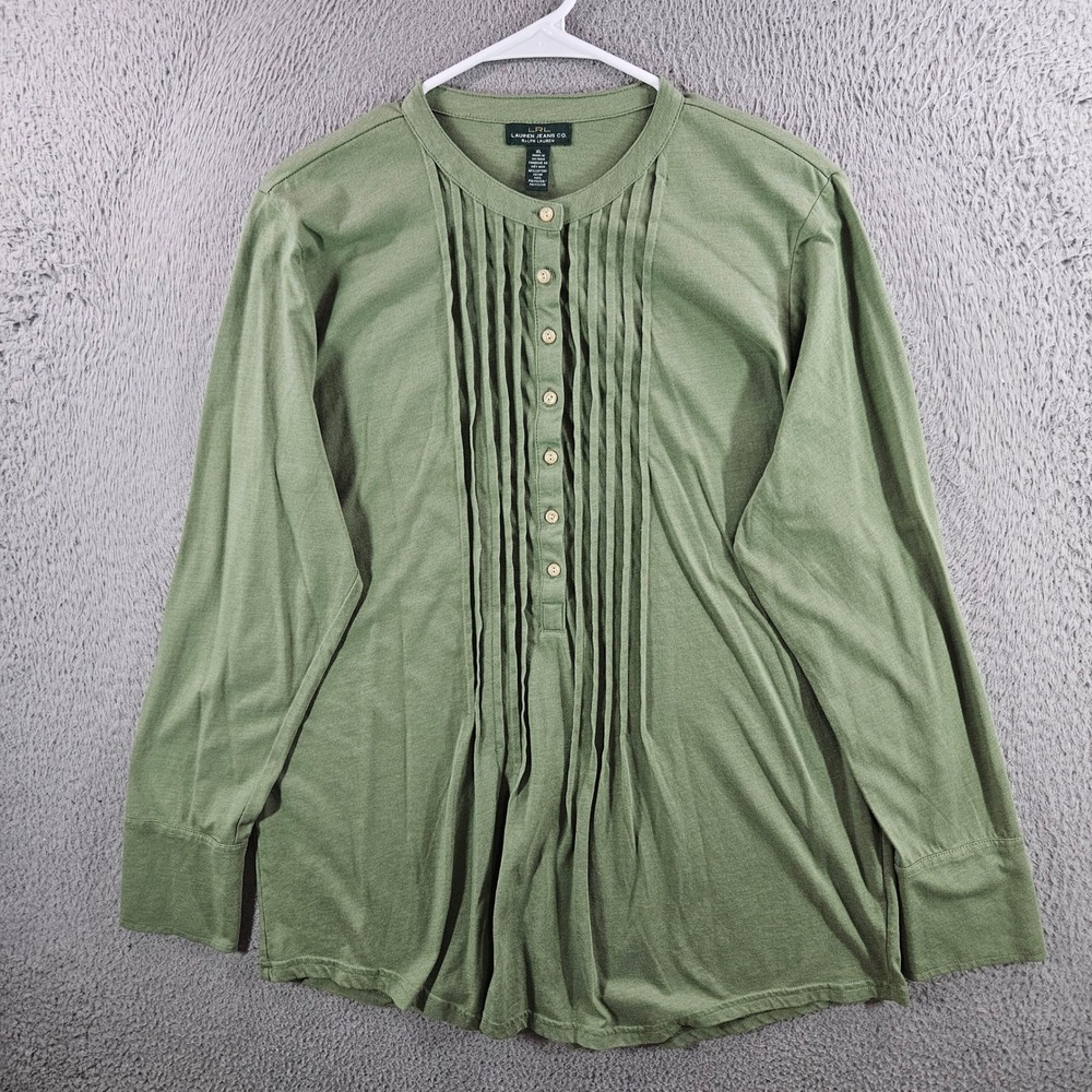 Lauren Ralph Lauren Olive Green Pleated Bib Henley Top XL Long Sleeve